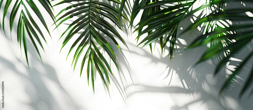 Poster tropical design mockup featuring green palm leaves casting intricate shadows on a bright white backg