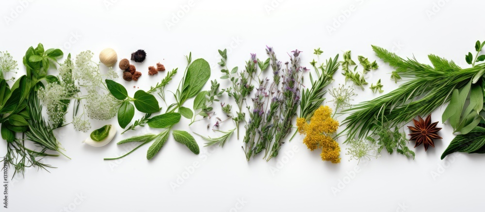 Aufkleber top view of assorted fresh herbs in green, white, and purple arranged horizontally on a white backgr