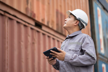 Asia supervisor worker man working with checking container at container site	