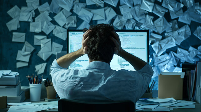 An overworked employee at a cluttered desk, head in hands, as countless emails flood their screen, capturing stress and burnout.
