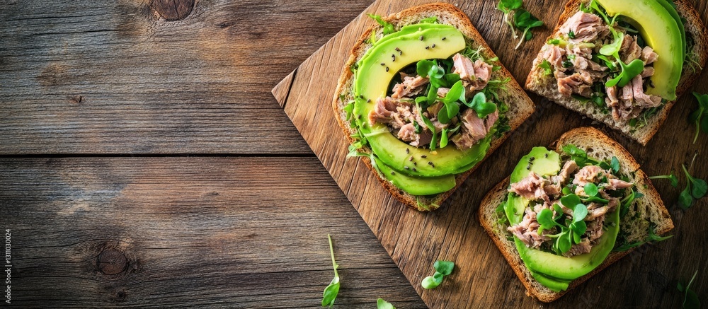 Poster freshly made tuna sandwiches with avocado and microgreens on wholemeal bread displayed on a rustic w