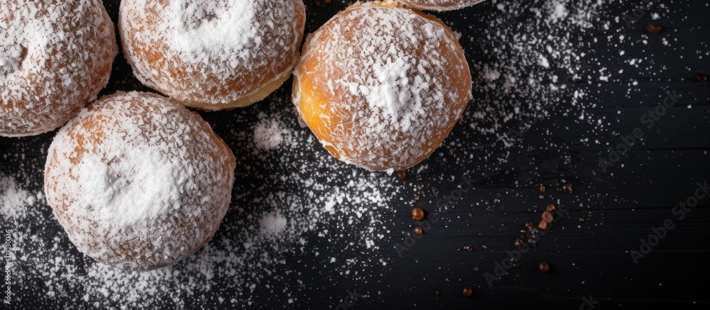 Aufkleber Homemade golden doughnuts dusted with white powdered sugar on a dark background with ample negative space for text and design elements