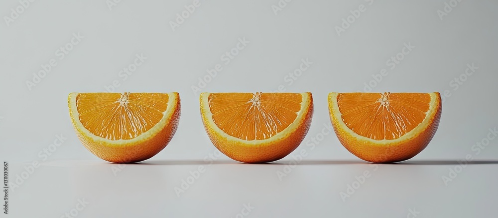 Poster sliced oranges of varying heights arranged in a line against a clean white backdrop highlighting vib
