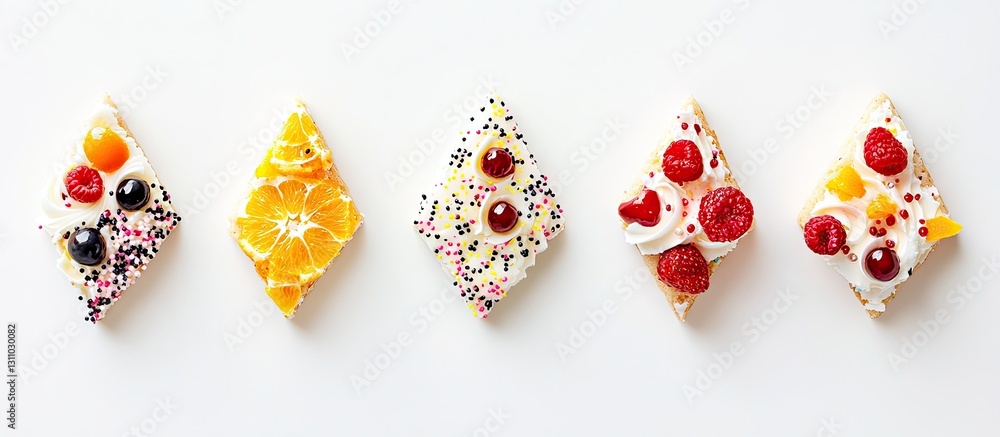 Poster colorful triangular cupcakes with sprinkles featuring vanilla orange cherry strawberry and raspberry