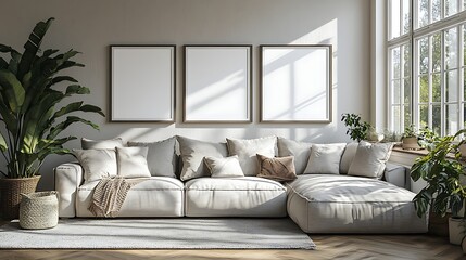 White picture frames on the wall, gallery-style, five blank photo frame mockups with white mats and glass, a modern living room with a grey sofa in front of them, light beige walls, and a wooden floor
