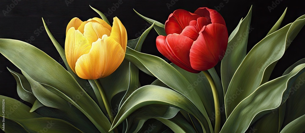 Poster vibrant yellow tulip on the left beside a deep red tulip on the right with lush green leaves creatin