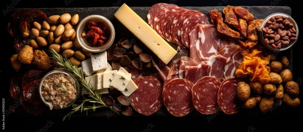 Poster spanish charcuterie platter featuring meats cheeses and olives on a black slate board with ample neg
