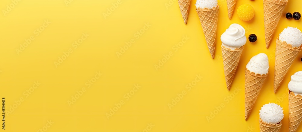 Leinwandbilder top view of ice cream cones with vanilla scoops on a bright yellow background scattered with black c
