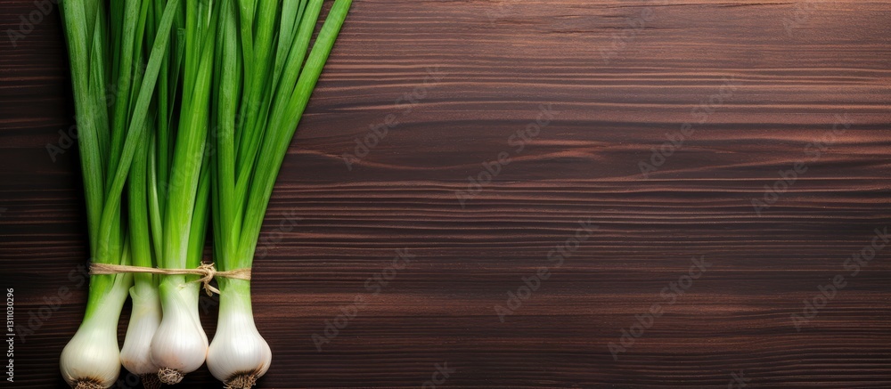 Aufkleber fresh green onions arranged neatly on a wooden table with ample negative space on the left for text 