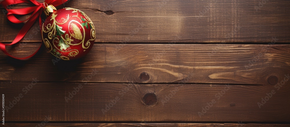 Poster Top view of a red Christmas ornament with intricate gold patterns positioned on the left of a rustic wooden background with ample copy space