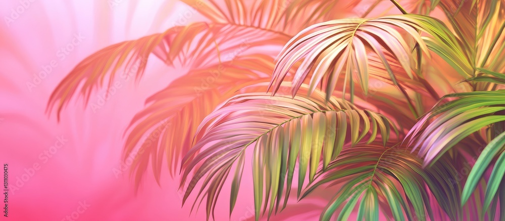 Poster tropical palm leaves in vibrant shades of green and pink against a soft pink background creating a s