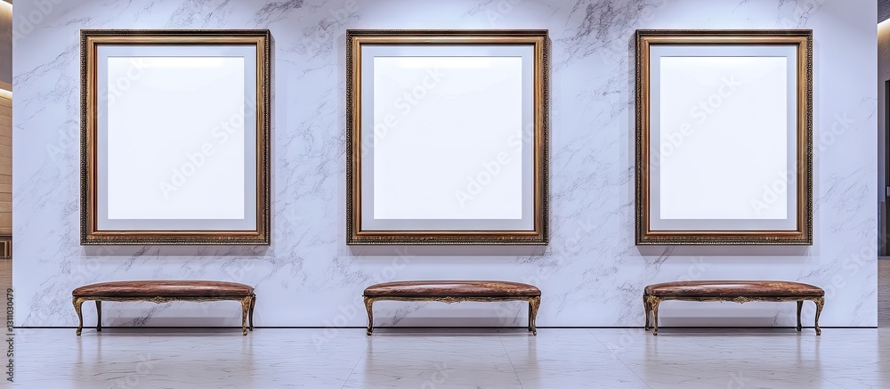 Aufkleber three decorative gold picture frames arranged symmetrically on a white marble wall with three elegan