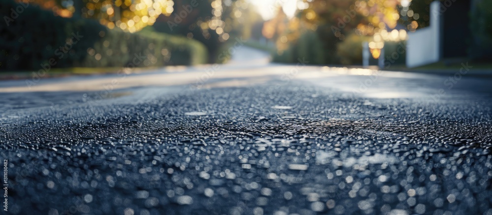 Poster asphalt road with a blurred background of greenery and trees under soft sunlight creating a tranquil