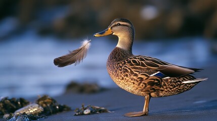 Obraz premium 32.A close-up shot of a wild Call Duck standing on the shore with a feather gently held in its beak, showcasing its vibrant plumage and alert expression.