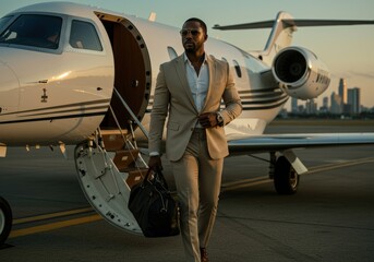 Professional Black Business man walking outside airplane, jet with white suit in the airport, luxury