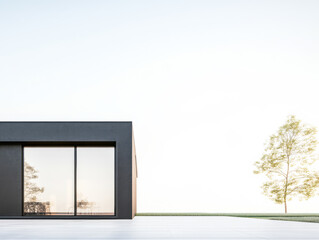 Modern black house with large windows and minimalistic landscape in tranquil setting