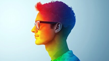 Silhouette of a neurodiverse professional overlaid with colorful abstract brain patterns, cognitive diversity in business, double exposure, copy space