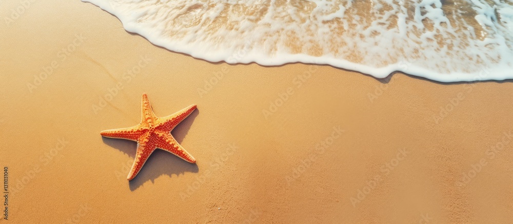 Aufkleber starfish on a sandy beach with gentle waves in the background orange starfish positioned centrally a