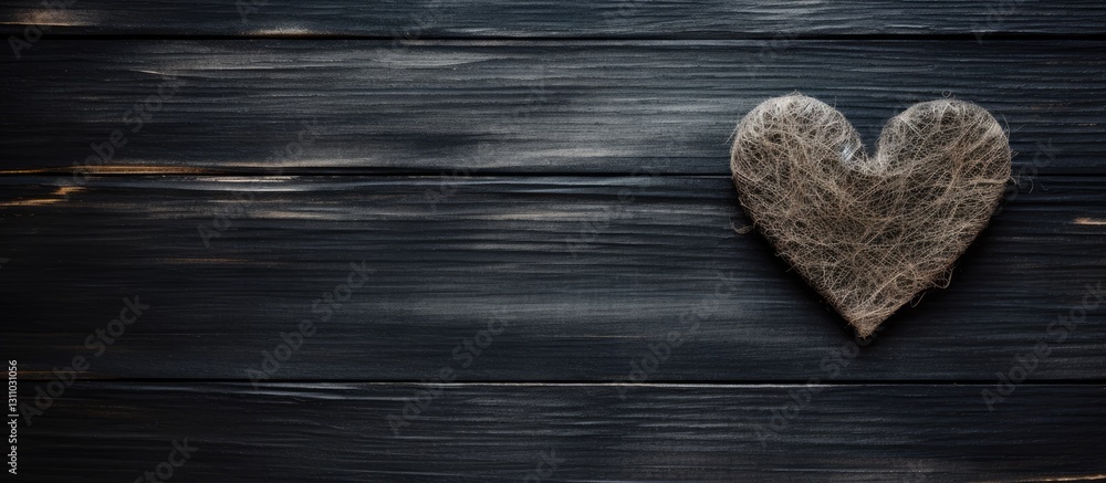Poster black background with dark wooden texture featuring a rustic heart shape on the right, ideal for val