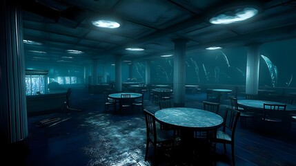 Underwater dining experience in a dimly lit restaurant with tables and chairs, featuring aquatic decor