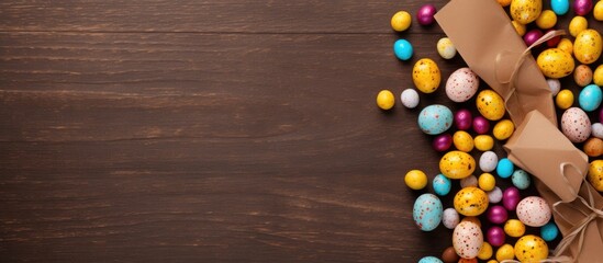 Obraz premium Colorful Easter eggs in pastel shades of blue pink and yellow scattered on a dark wooden background with brown paper bag accents for kids party decor