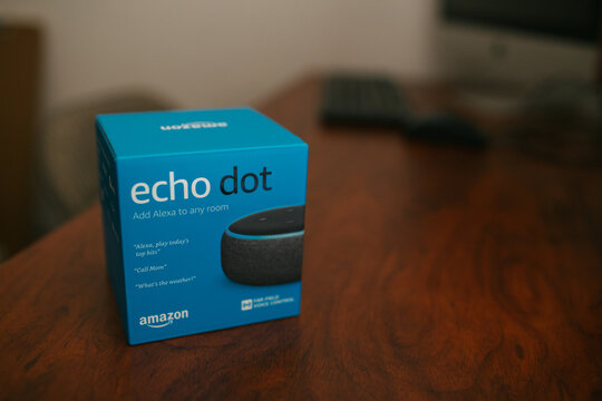New Echo Dot for Amazon Alexa inside original packaging.