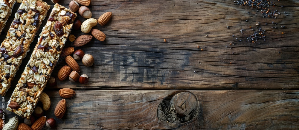 Poster Healthy muesli bars with nuts and seeds arranged on a textured wooden table with ample copy space on the right for additional content