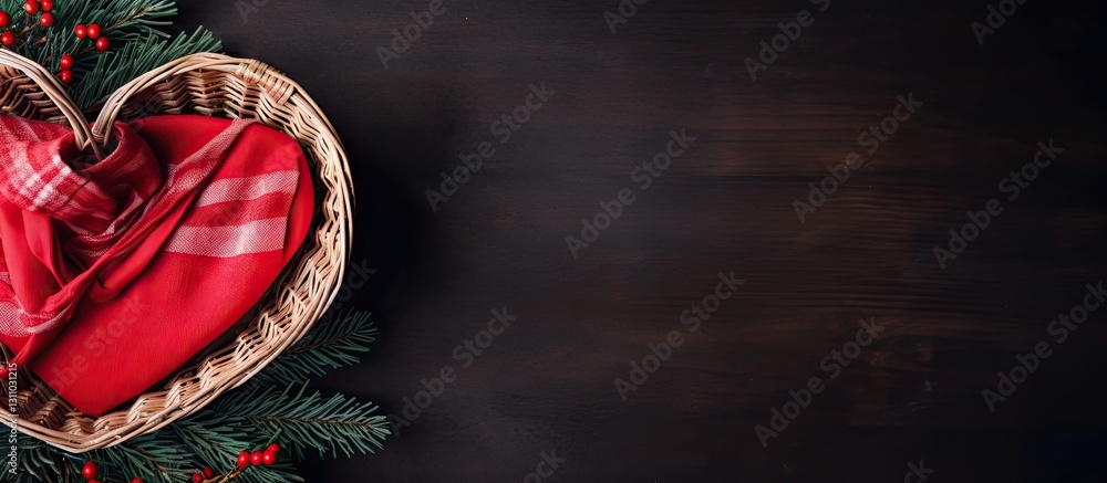 Poster Heart-shaped basket in red with a fabric heart and pine twigs on dark wooden background featuring ample empty space for text design