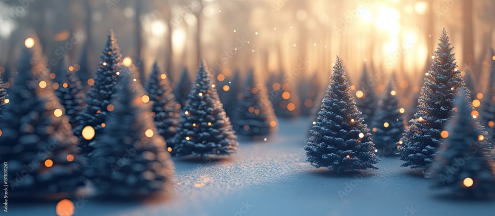 Poster snow-covered christmas tree farm with symmetrical rows of evergreen trees, warm sunlight filtering t