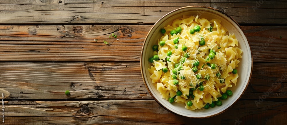 Poster delectable pasta dish with green peas and cheese in a bowl centered on a rustic wooden surface with 