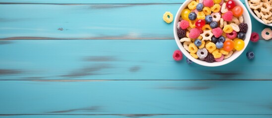 Colorful cereal bowls filled with assorted cereals on a bright blue wooden background with a few cereal pieces scattered around.