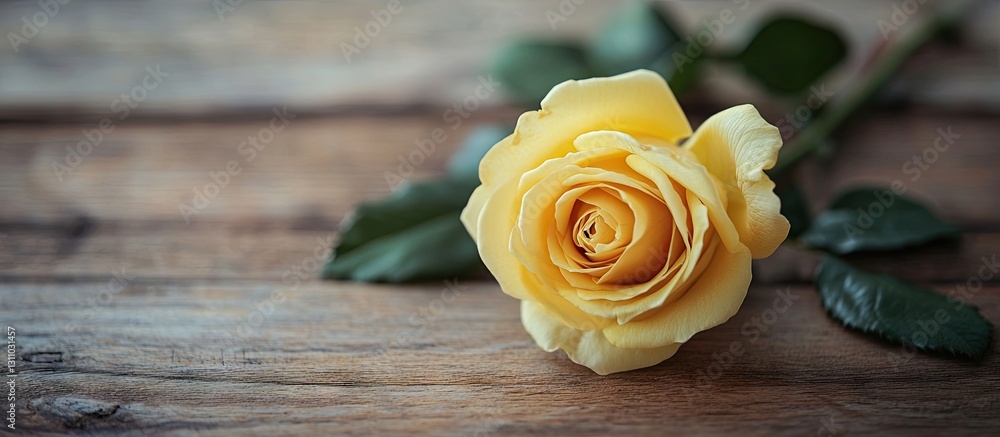 Poster yellow rose with green leaves positioned on a rustic wooden table, creating a warm and inviting flor