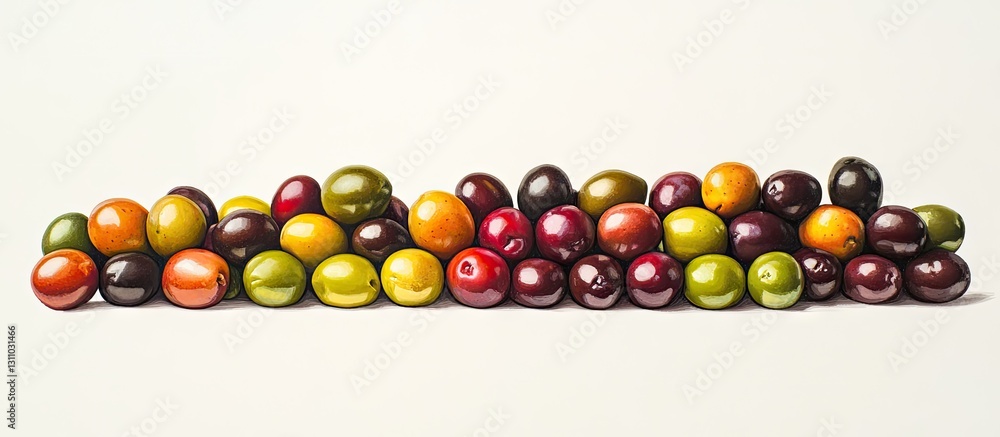 Poster Assorted olives in various colors arranged neatly on a white plate against a soft white background showcasing vibrant greens purples and yellows.
