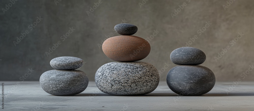 Poster Balanced zen stones with three pebbles atop a tower in grey tones set against a soft textured background creating a calm tranquil atmosphere