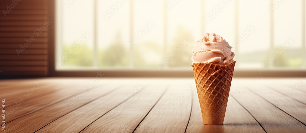 Poster ice cream cone with pink swirl atop placed on wooden table, bright natural light streaming through l