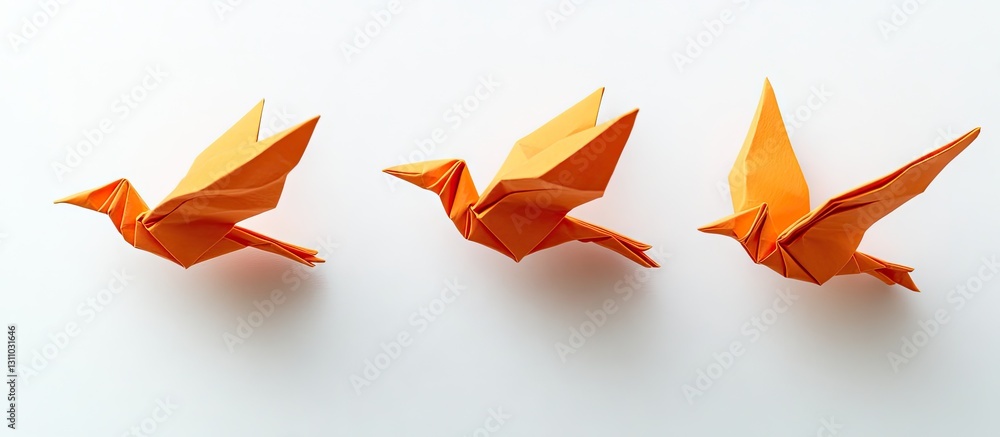 Poster orange origami birds in flight positioned in a row against a clean white background showcasing intri