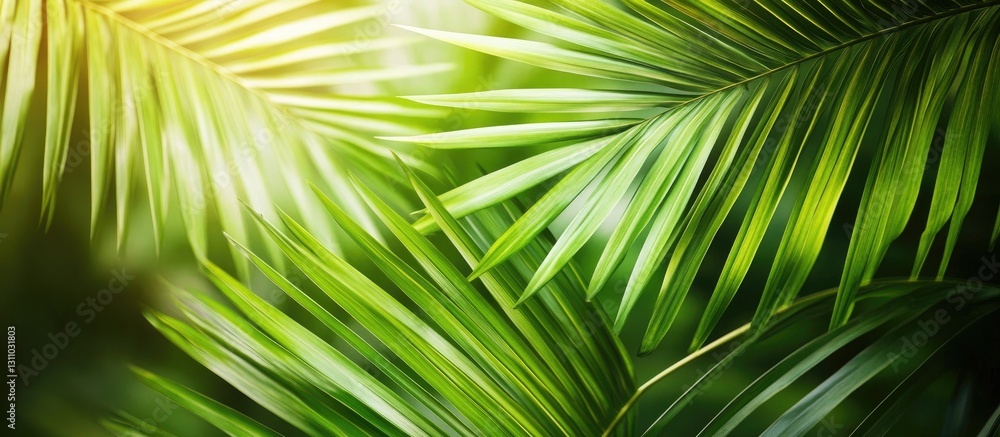 Poster lush green tropical palm leaves create a vibrant floral pattern background with soft light highlight