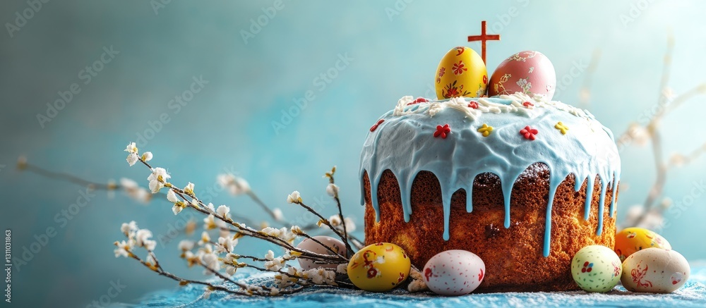 Poster easter cake with white icing and colorful eggs in pastel tones on a light blue background surrounded