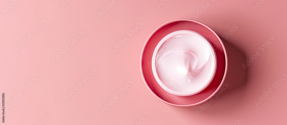 Poster Elegant top view of creamy texture in a red bowl centered on a soft pink background with ample copy space for text or branding purposes