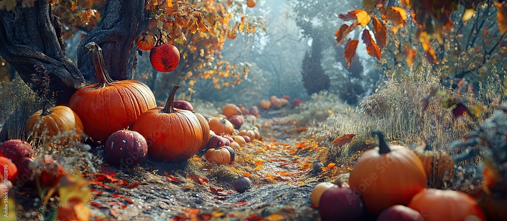 Aufkleber autumn landscape featuring vibrant orange pumpkins scattered among colorful leaves and trees in a mi