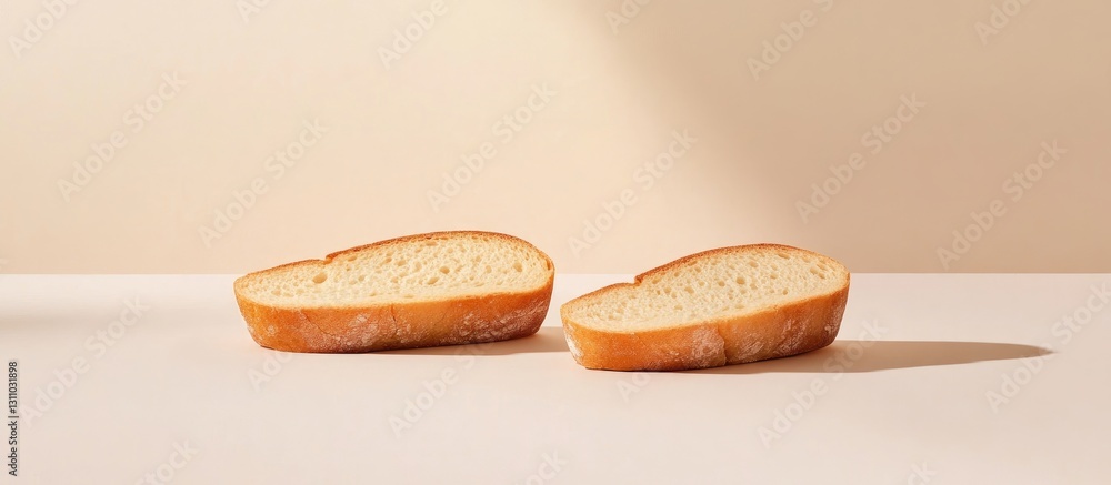 Poster Minimalist presentation of two sliced pieces of bread on a light beige background with soft shadows highlighting their texture and simplicity.