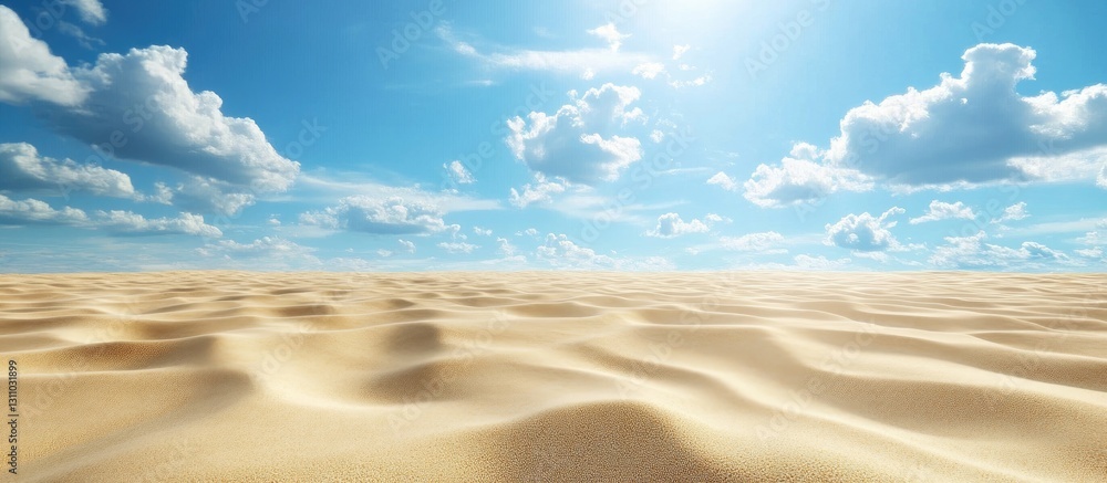 Poster expansive sandy surface stretches across the frame under a bright blue sky adorned with fluffy white