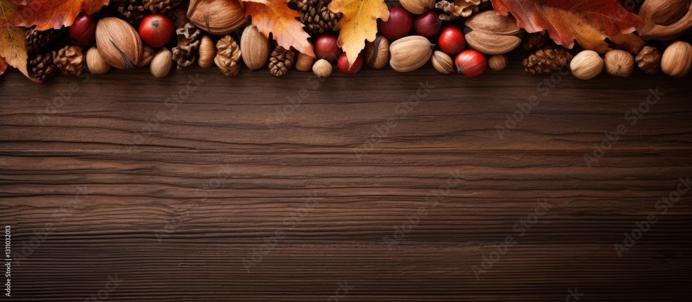 Poster top view of vibrant orange and brown autumn leaves with assorted nuts along the top edge of a dark w