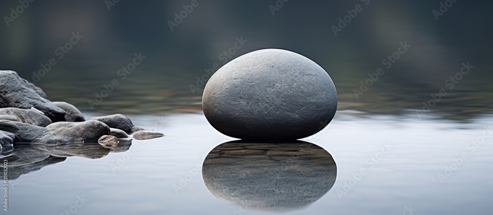 Poster smooth gray stone resting on calm water surface reflecting soft hues of blue and green with copy spa