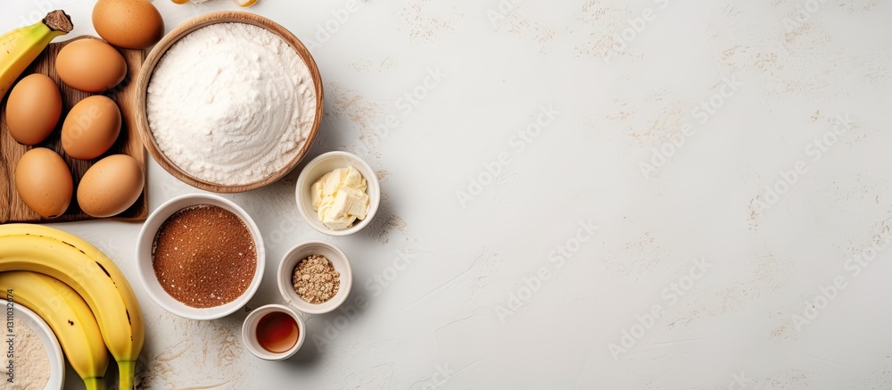 Poster top view of rustic bowls with flour, eggs, bananas, and spices on a light gray background showcasing