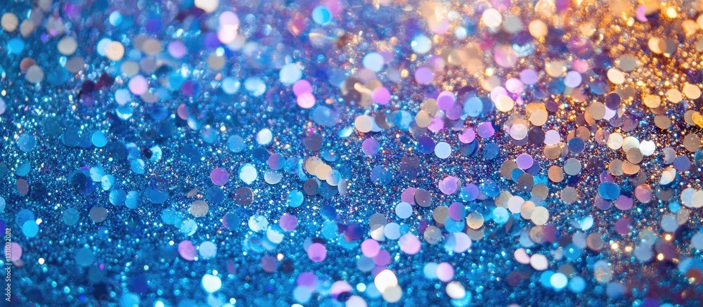 Poster shimmering blue and gold glitter background with vibrant bokeh effect featuring circular sequins in 