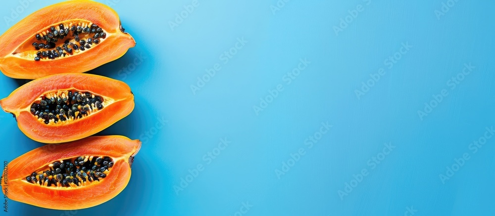 Poster Top view of three halved ripe papayas with black seeds on vibrant blue background with ample negative space for text and design elements