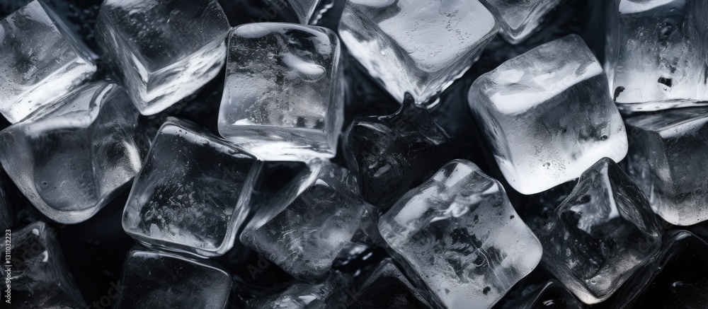 Poster Close-up view of clear ice cubes arranged on a dark surface with shadows highlighting their contours and ample copy space for text placement