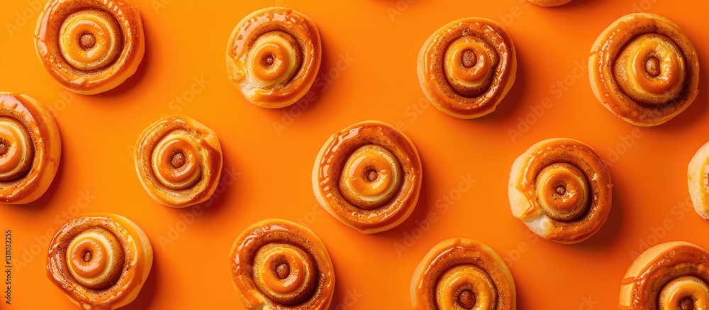 Poster Top view of arranged golden cinnamon buns on vibrant orange background with circular patterns and ample space for text or images