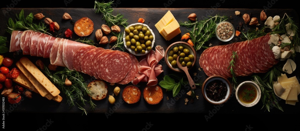 Aufkleber top view of an assorted spanish snack spread featuring cured meats, olives, and herbs on a sleek bla